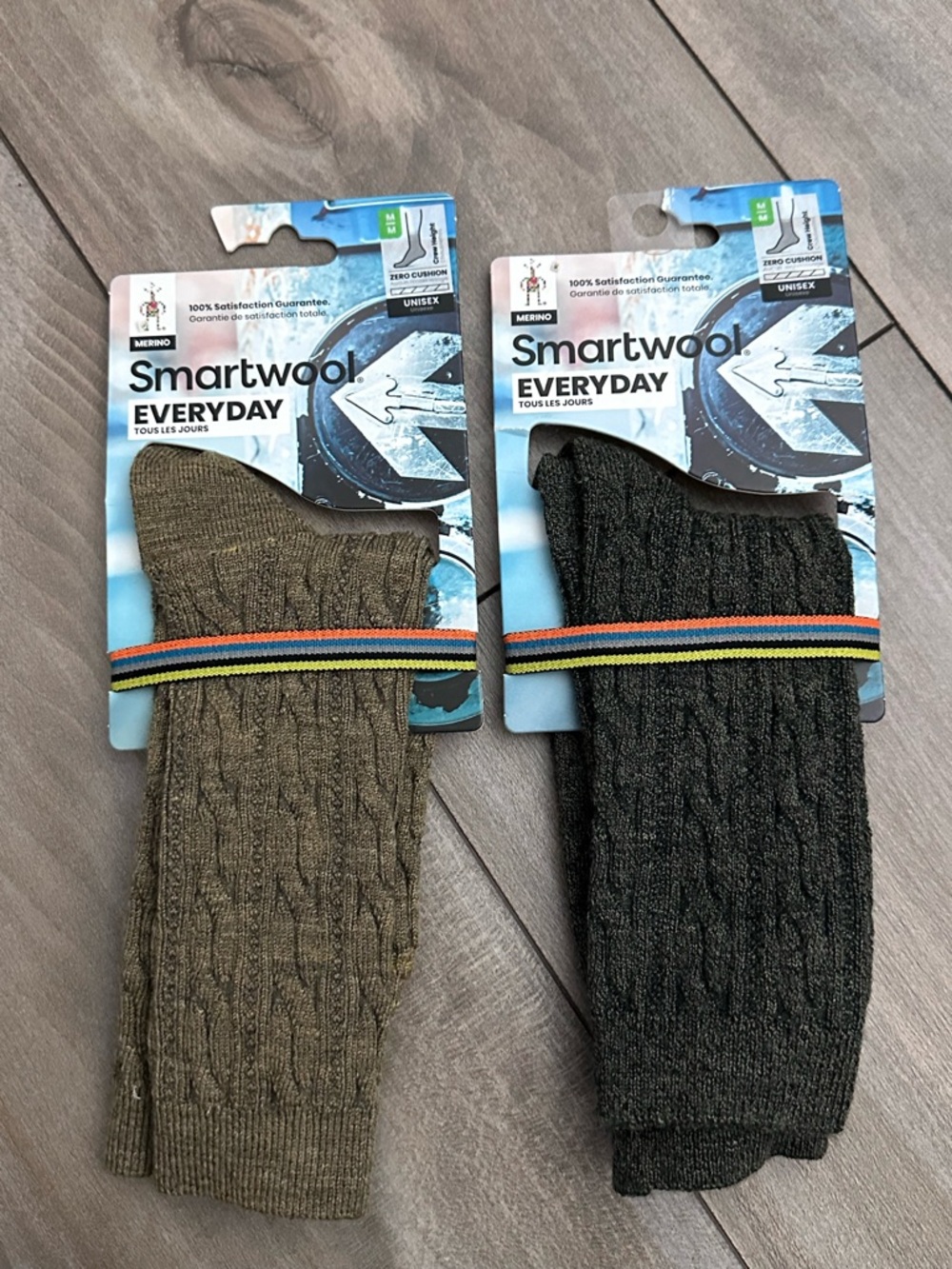 Smartwool Socks Everyday Crew Cable Medium Green /Grey Merino Wool 2 Pair UNISEX